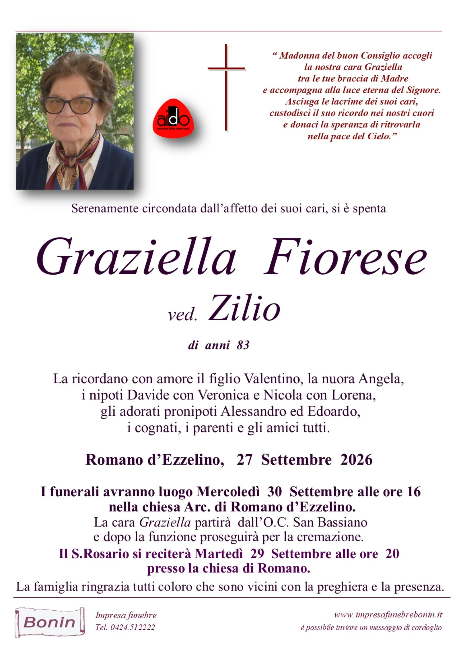 Manifesto funebre di Graziella Fiorese